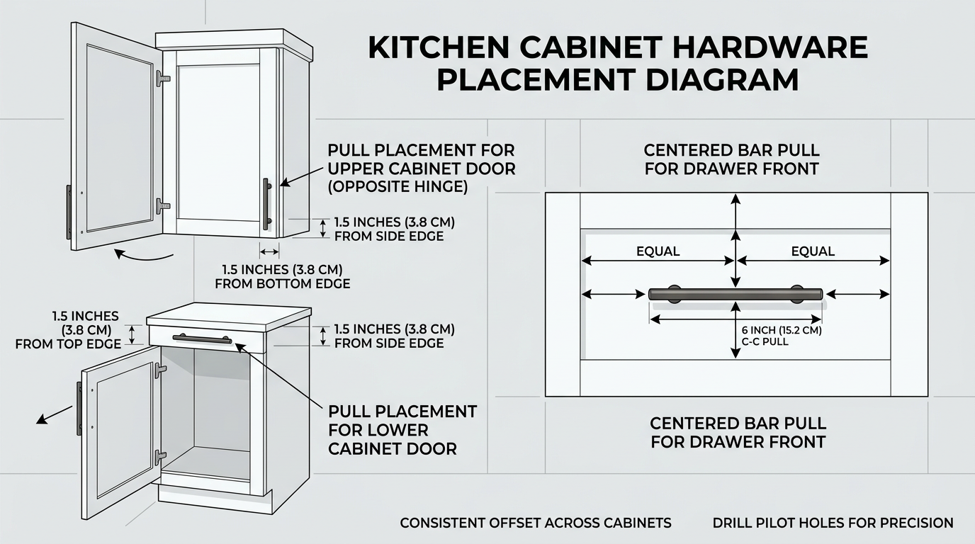 Cabinet hardware placement guide — upper door top corner, lower door bottom corner, drawer centred