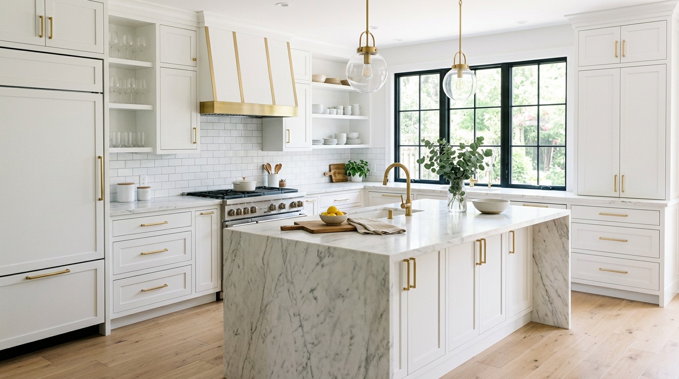 White shaker kitchen cabinets showing correct knob and pull placement on upper and lower doors